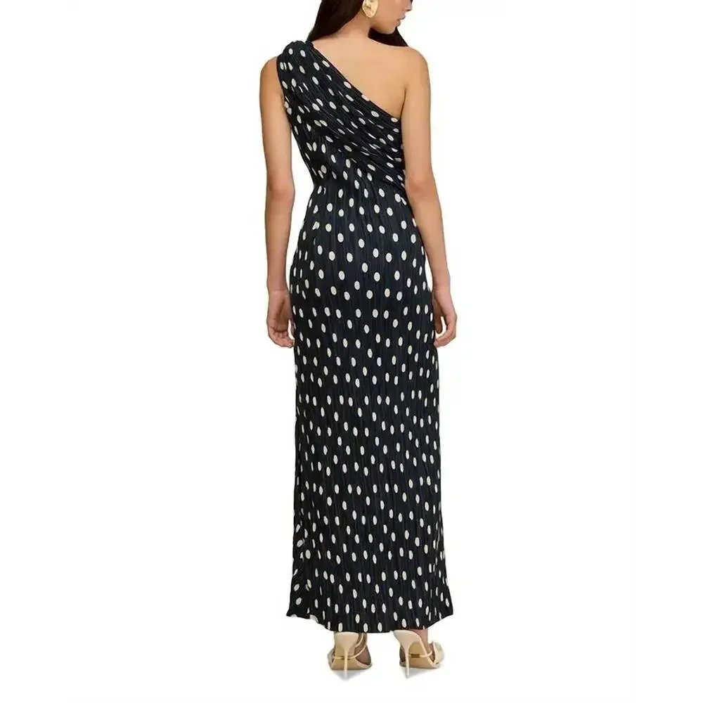 cult gaia Navy One-Shoulder Maxi Dress with Cream Dot Print